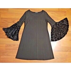 R & M Richards Women 14 Black Stretch Dress Velvet Burn Out Bell Sleeve     T 23